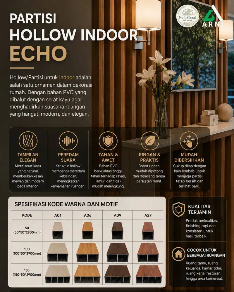Partisi Hollow Indoor Echo Panjang 2,9m - PVC Penyekat Antara Ruangan