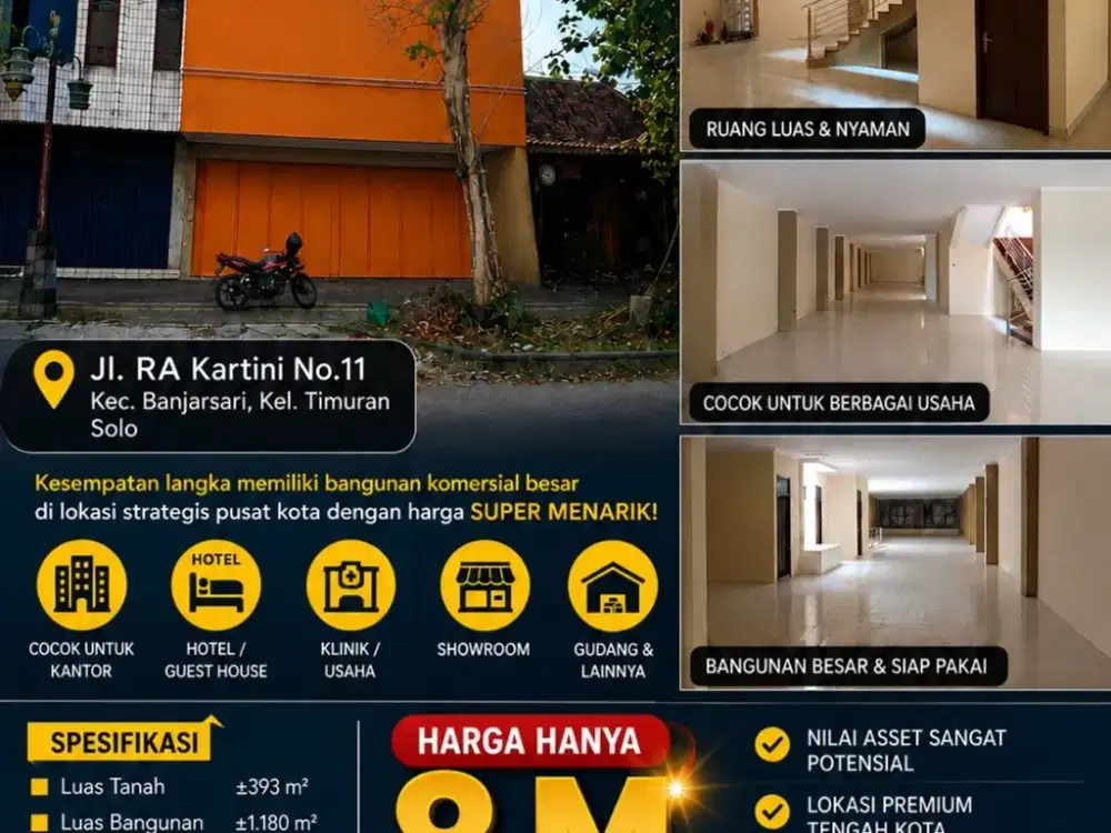 Dijual Murah Aset Komersial Premium Pusat Kota Lokasi Banjarsari,Solo Luas 393m2 BU!!!
