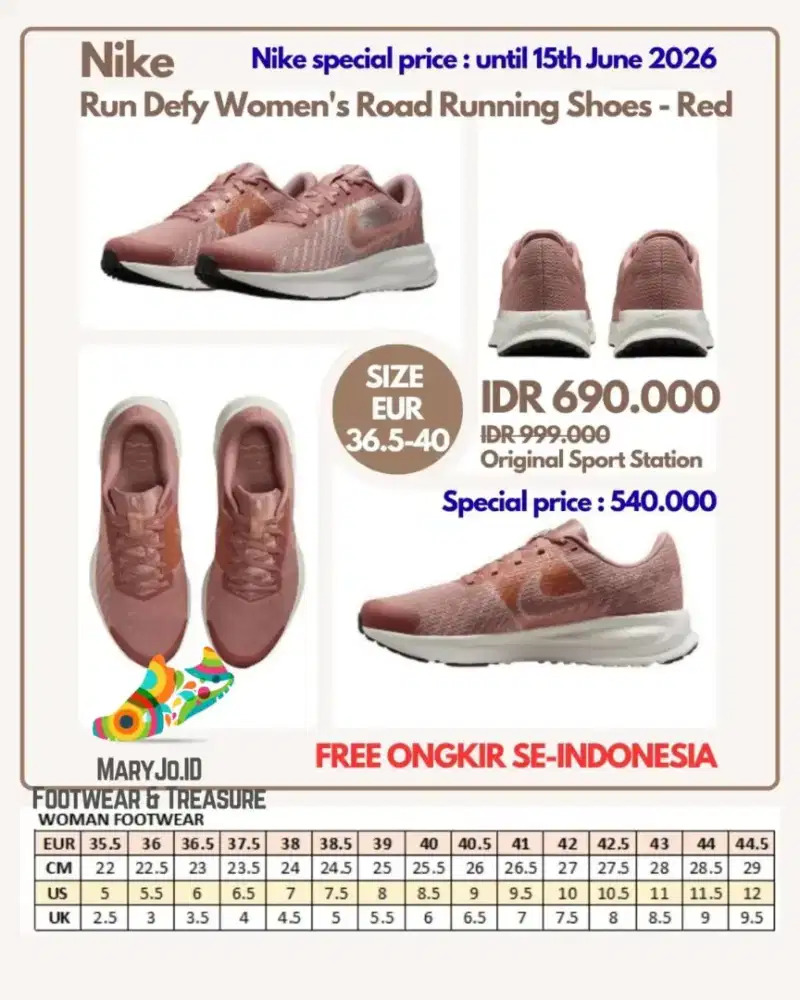 Nike Run Defy Women's Road Running Shoes - Red : Size 36.5-40