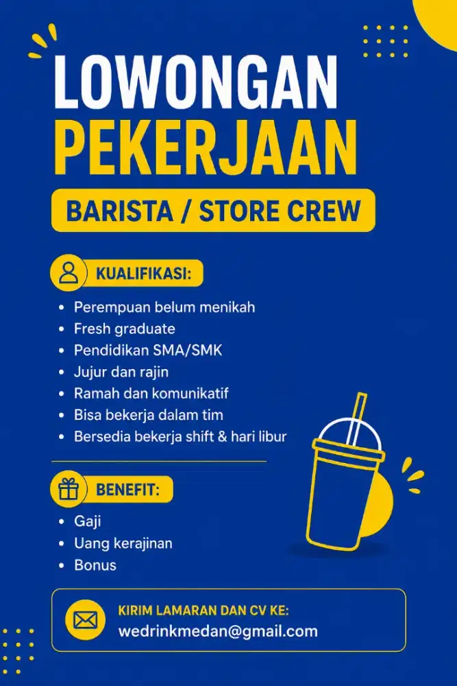 Lowongan Kerja Barista/Store Crew (Perempuan Fresh Graduate)