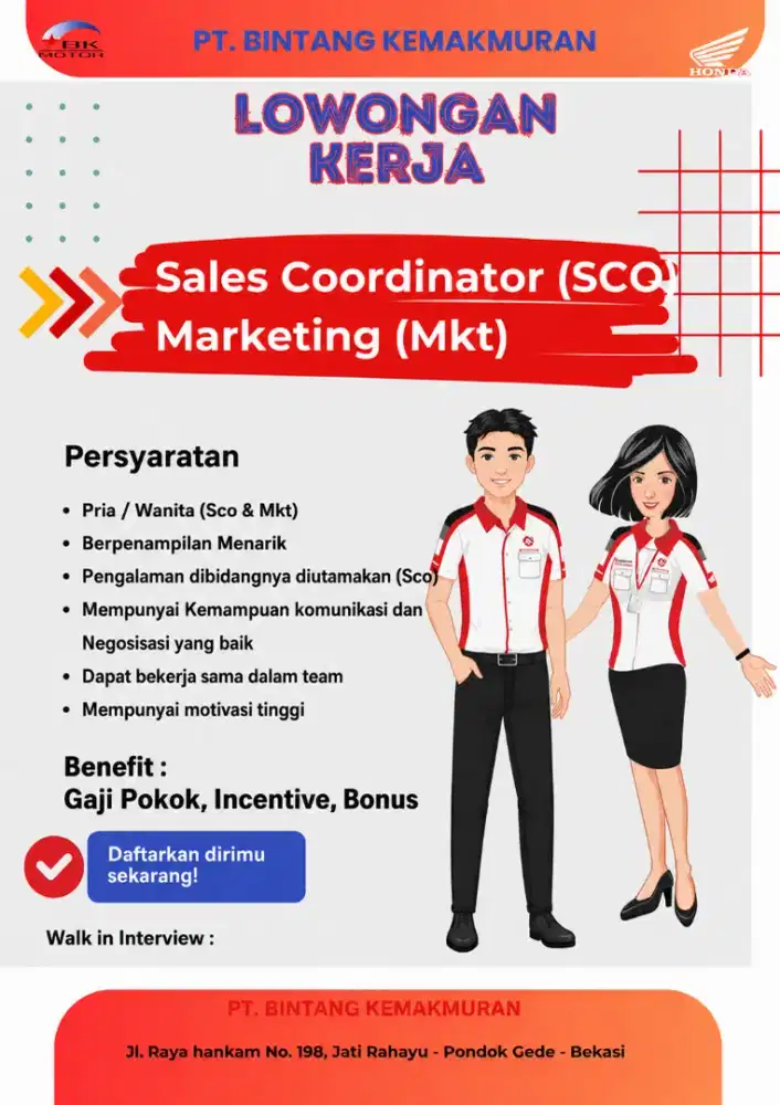dibutuhkan segera sales kordinator dan sales dealer resmi Honda