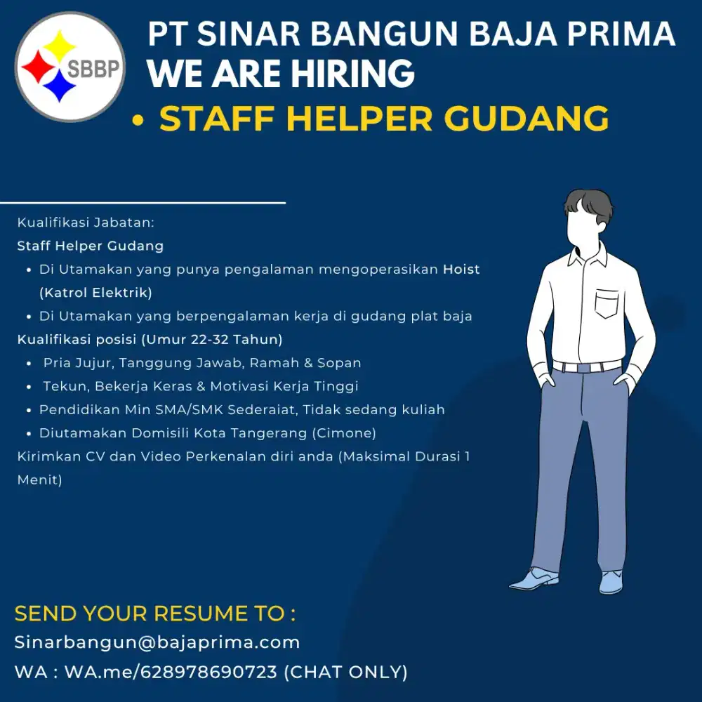 Dibutukan cepat Staff gudang Helper