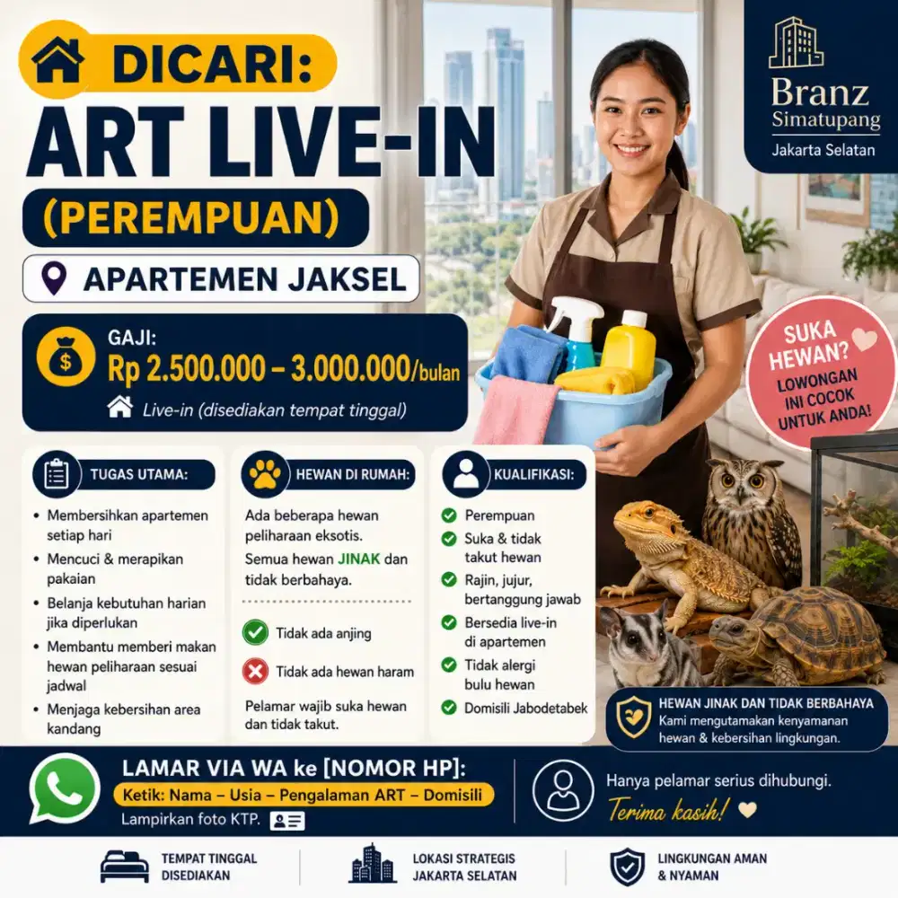 DICARI: ART LIVE-IN (PEREMPUAN) — APARTEMEN JAKSEL