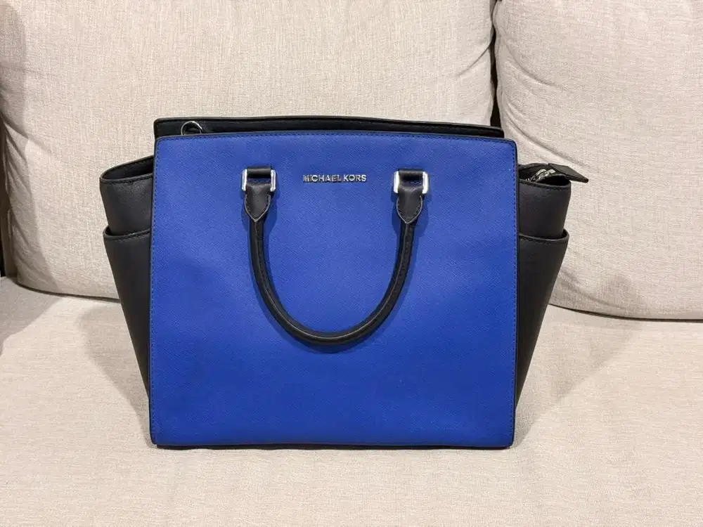 Tas Michael Kors Selma Sapphire/Black Large Leather Satchel