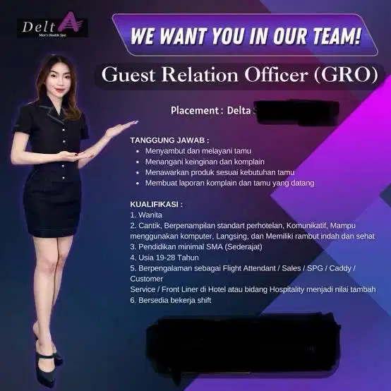 Dibutuhkan GRO/PR wanita di delta men's health club