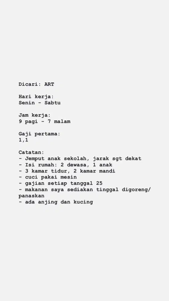 Dicari: ART / Asisten Rumah Tangga