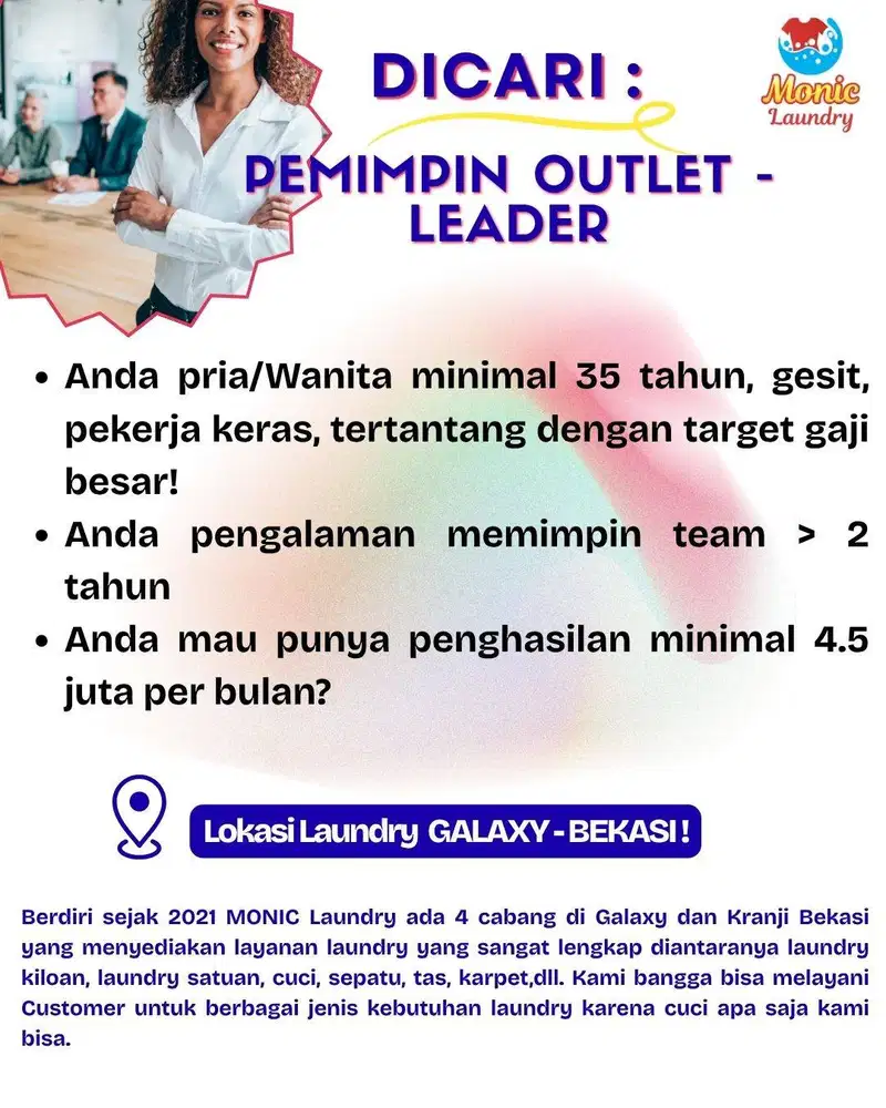 Lowongan PEMIMPIN OUTLET - Leader untuk Laundry di Galaxy Bekasi!