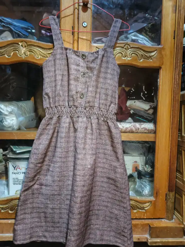 Overall Dress Kotak-Kotak Wanita Casual Korean Style