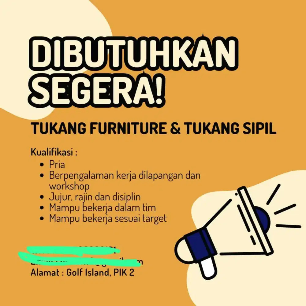 DIBUTUHKAN SEGERA TUKANG FURNITURE DAN TUKANG SIPIL