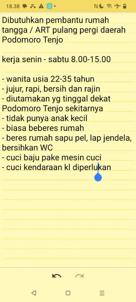 Dibutuhkan pembantu rumah tangga / ART pulang pergi Podomoro Tenjo