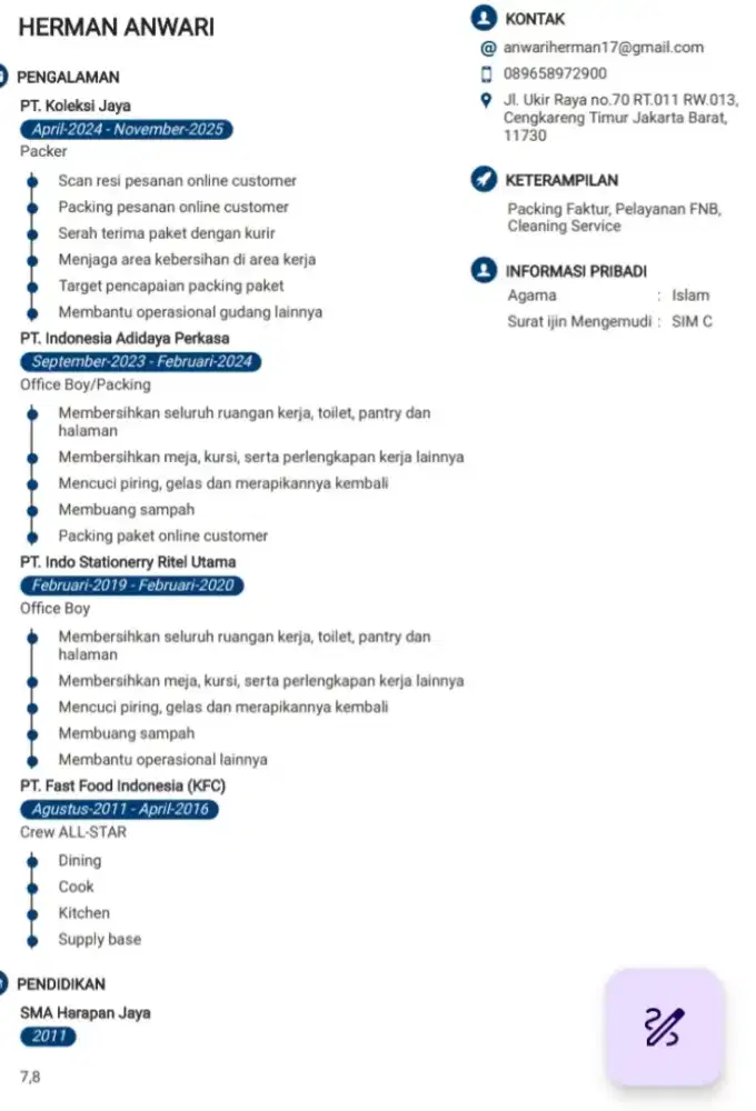 Mencari pekerjaan untuk posisi Cleaning Service & Packing