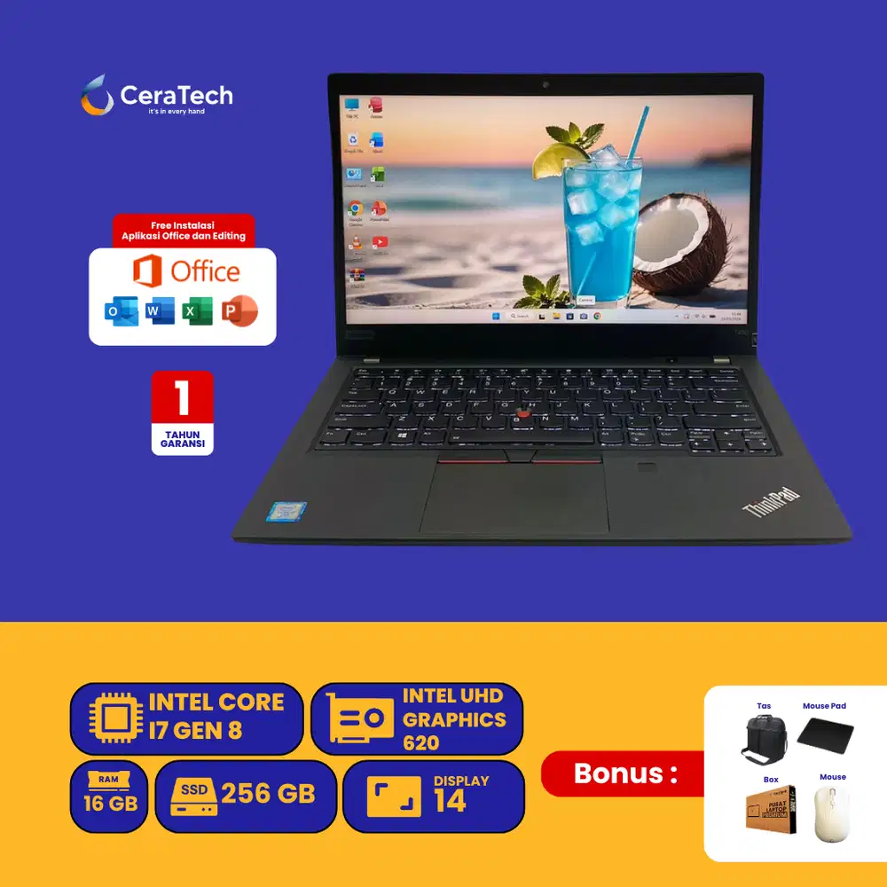 LAPTOP LENOVO THINKPAD T490 INTEL CORE I7 GEN 8 RAM 16 GB SSD 256 GB