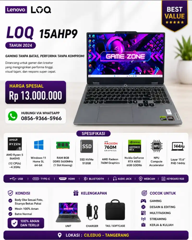 Laptop Gaming Lenovo  LOQ 15AHP9 (Tahun 2024).