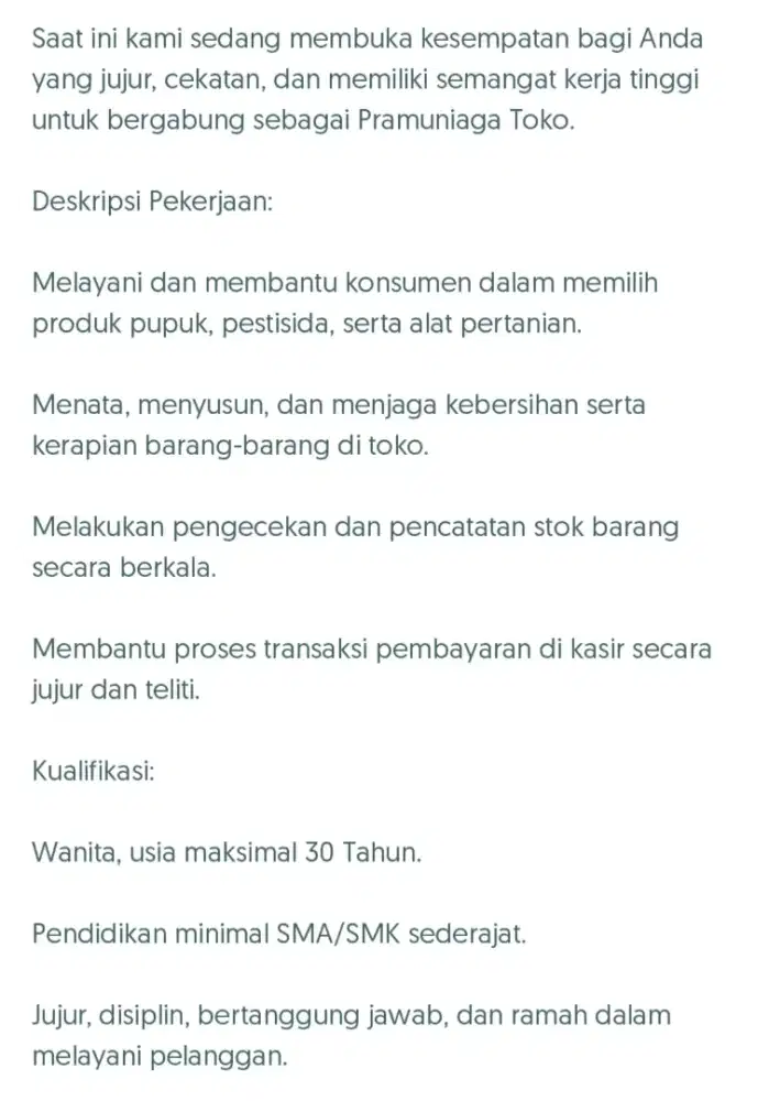Lowongan Kerja Pramuniaga Toko Pupuk
