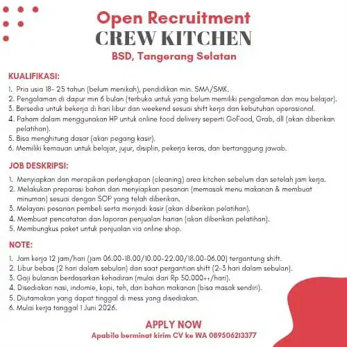 Lowongan Kerja Crew Kitchen di BSD (Tangerang Selatan)