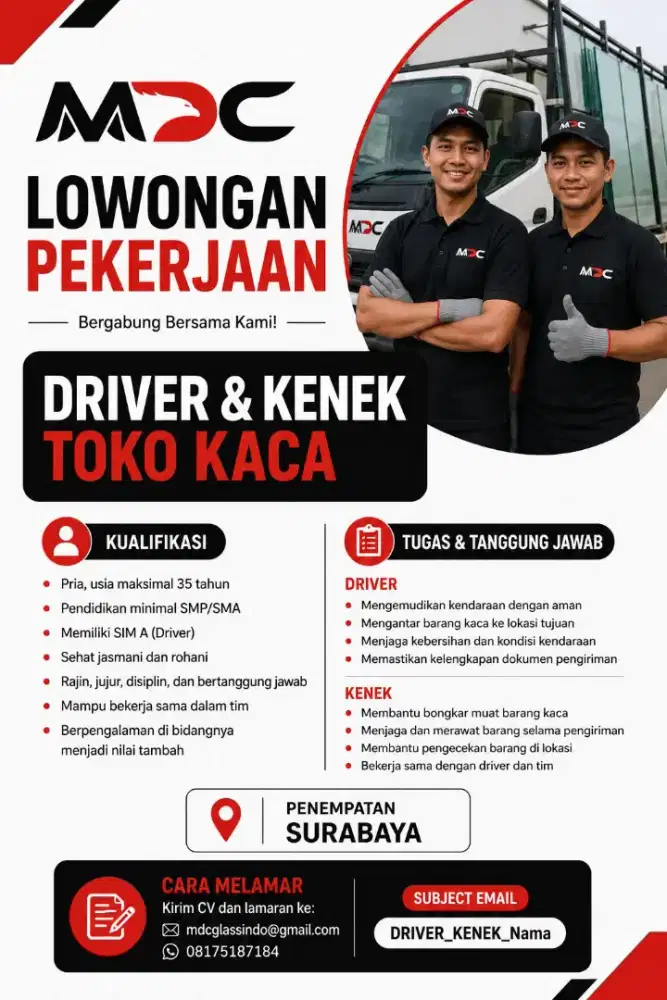 Dibutuhkan segera Admin, Driver dan Kenek toko kaca