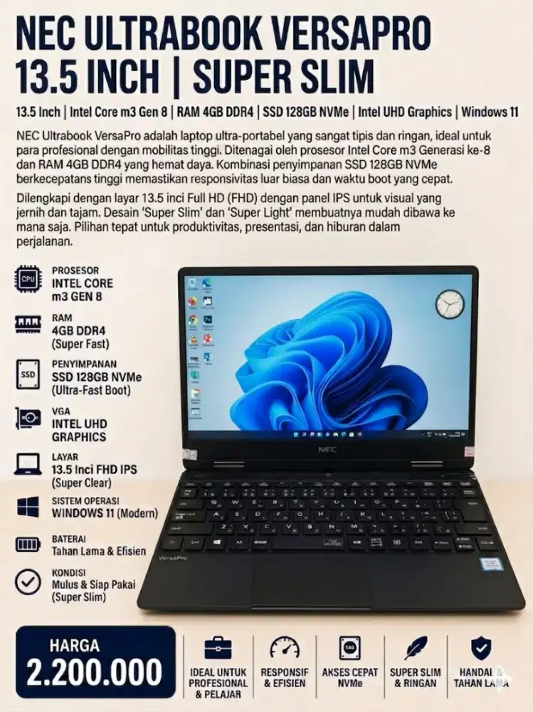 Nec Ultrabook Versapro Core M3 Gen 8 ssd 256Gb Ram 4DDR4