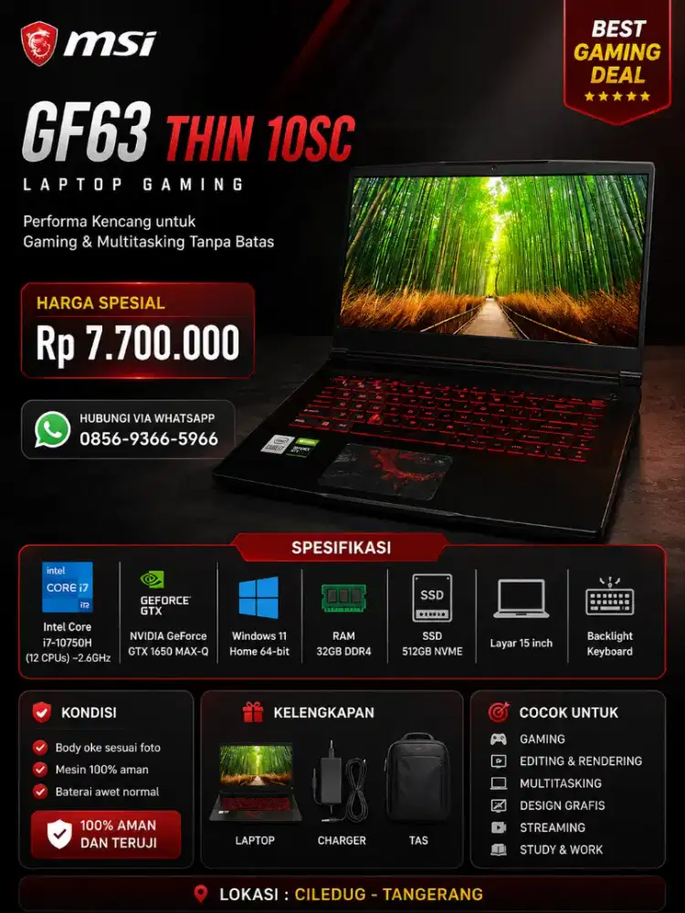 Laptop Gaming MSI GF63 Thin 10SC