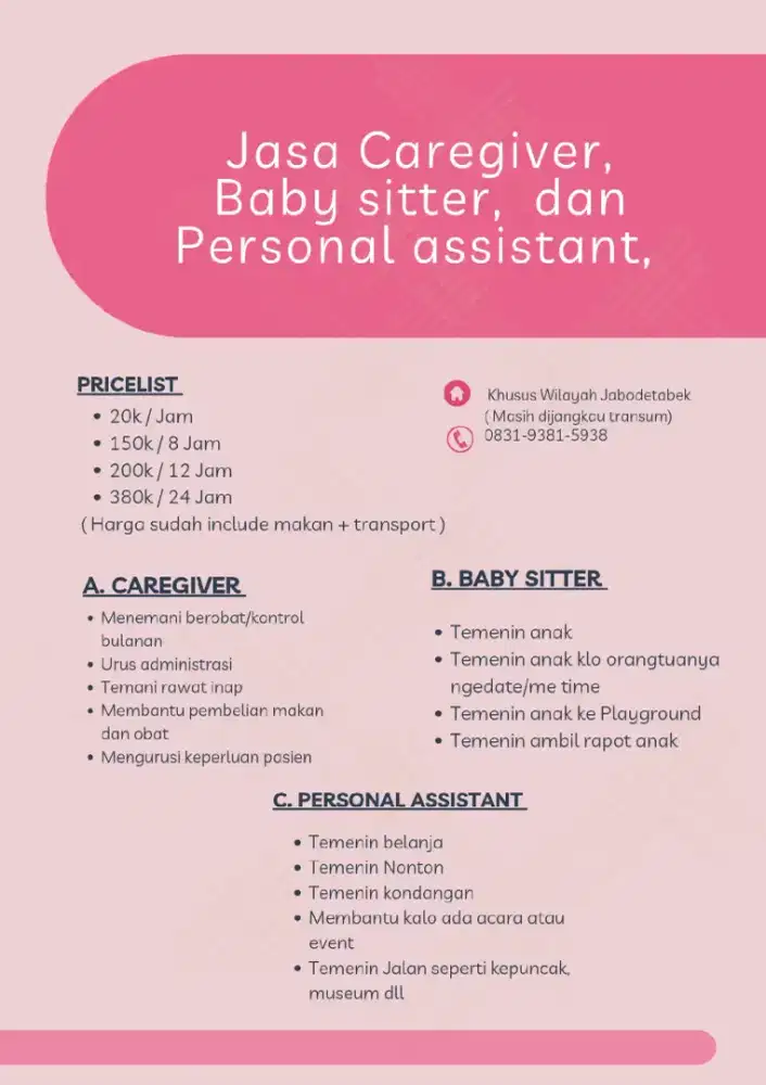 Jasa Caregiver, Personal Assitant, baby sitter dan Helper