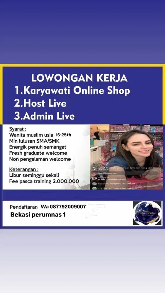 Lowongan admin dan host live online shop