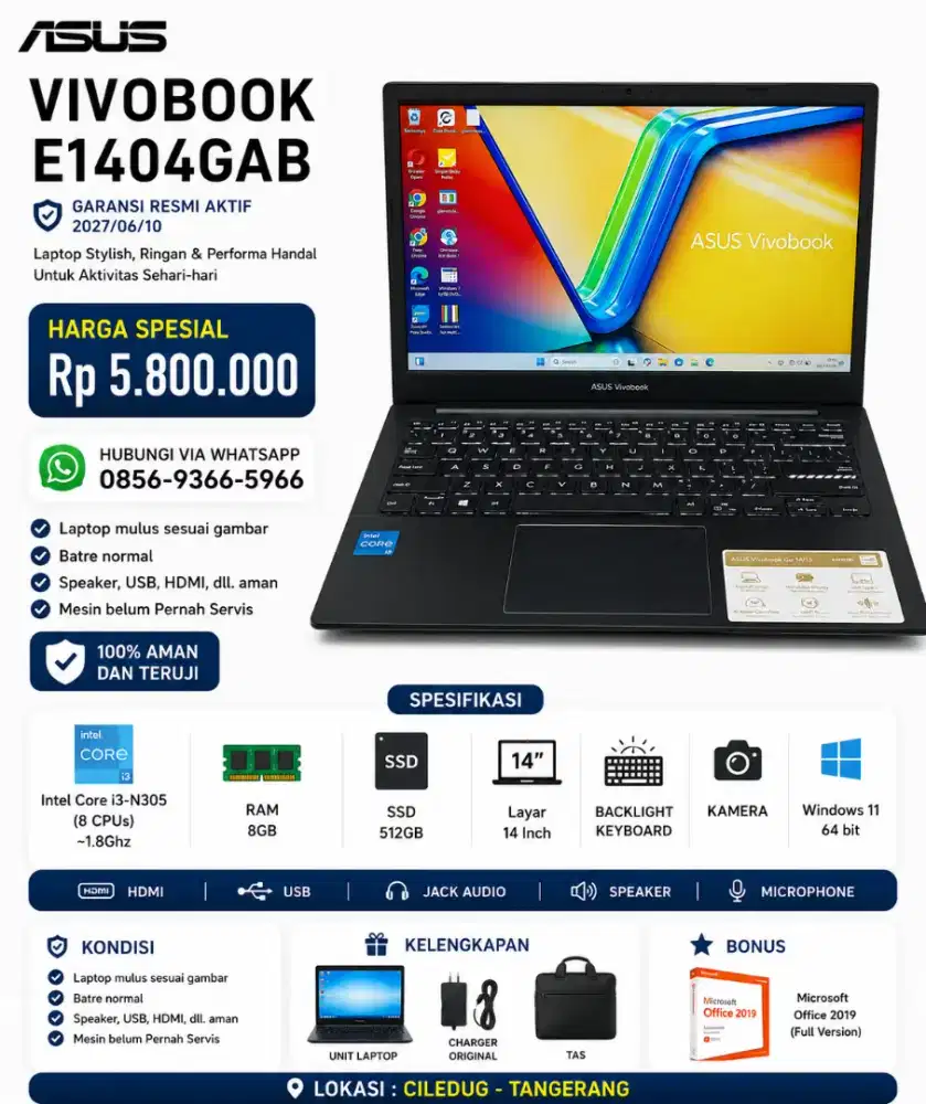 Laptop Asus Vivobook E1404GAB
Garansi Masih Aktif 2027/06/10