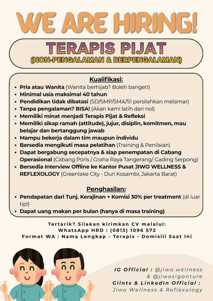 LOWONGAN KERJA (NON-PENGALAMAN) - TERAPIS PIJAT (GADING SERPONG)