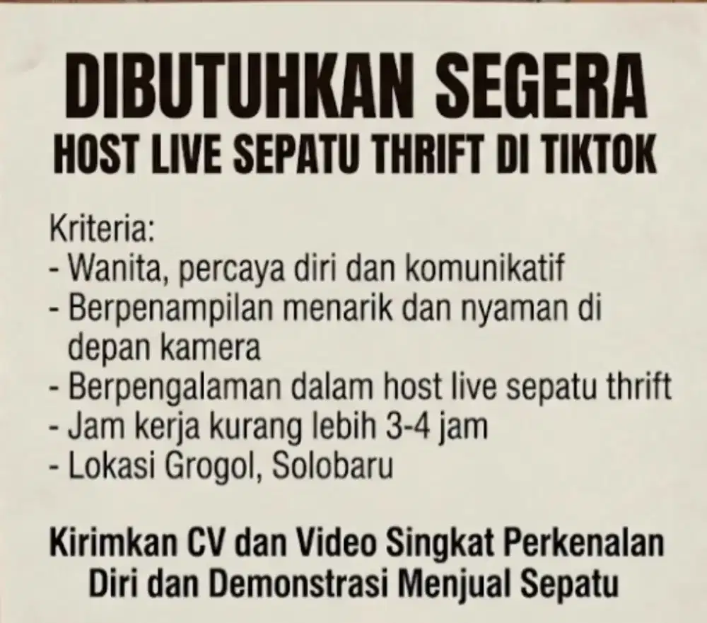 Lowongan HOST LIVE SEPATU THRIFT