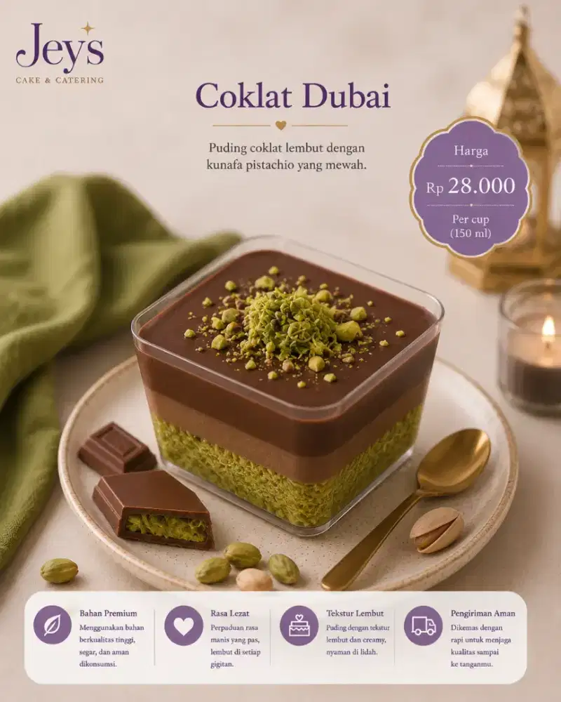 Coklat Dubai Premium l Perpaduan puding coklat lembut dengan kunafa
