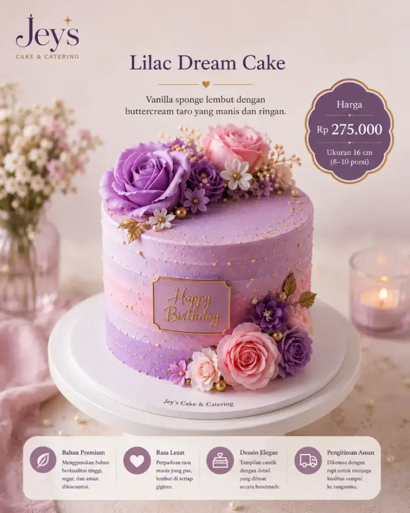 Lilac Dream Cake | Vanilla sponge lembut dengan buttercream taro