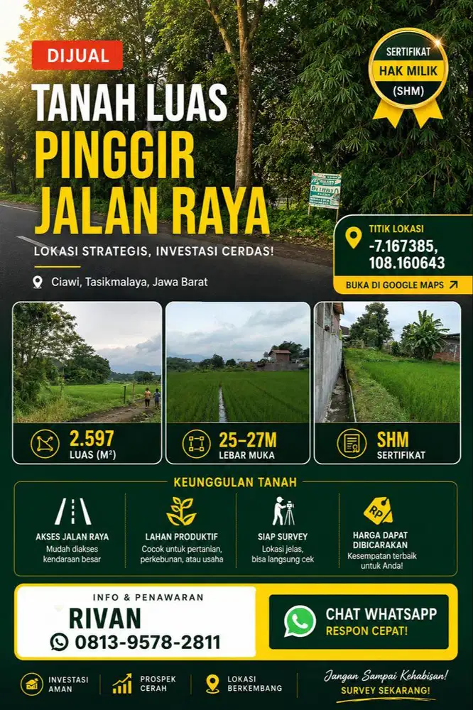 Dijual Tanah SHM Luas Pinggir Jalan Raya Ciawi Tasikmalaya Harga Nego