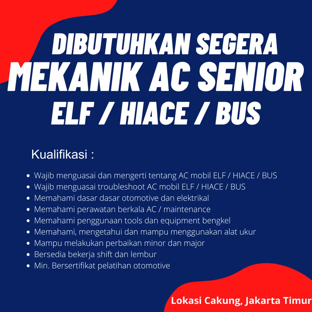 DIBUKA LOWONGAN MEKANIK AC SENIOR UNTUK ELF / HIACE / BUS