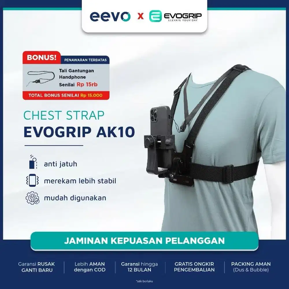 Tongsis, holder dada chest strap hp evogrip, holder tali dada go pro
