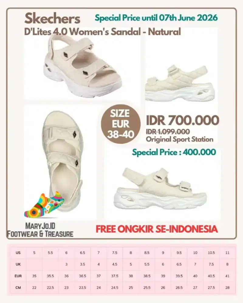 Skechers D'Lites 4.0 Women's Sandal - Natural : Size 37, 38, 39, 40