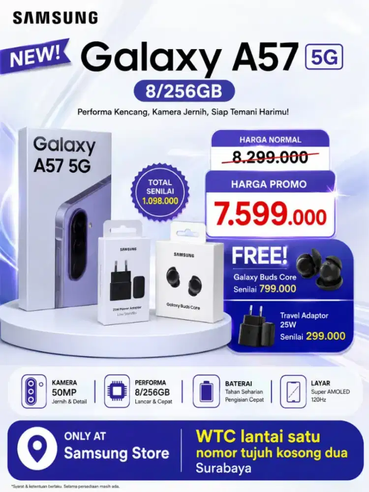 SAMSUNG GALAXY A57 FREE GALAXY BUDS CORE,+ TRAVEL ADAPTER 25W