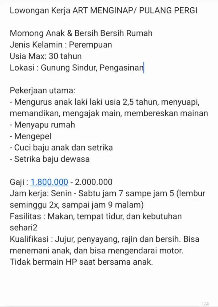 Dicari ART untuk Menginap/ PP