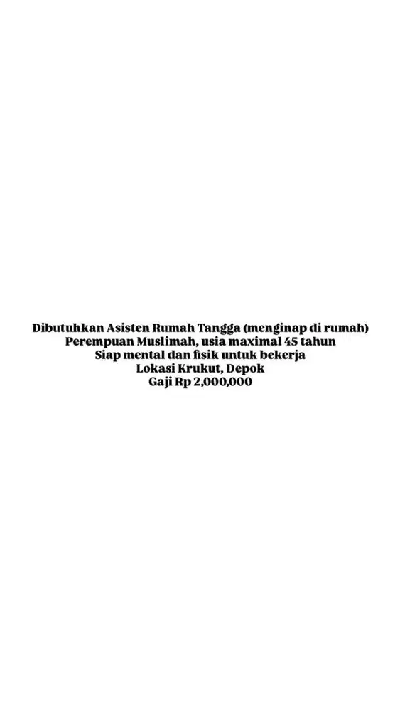 Dibutuhkan Asisten Rumah Tangga Perempuan