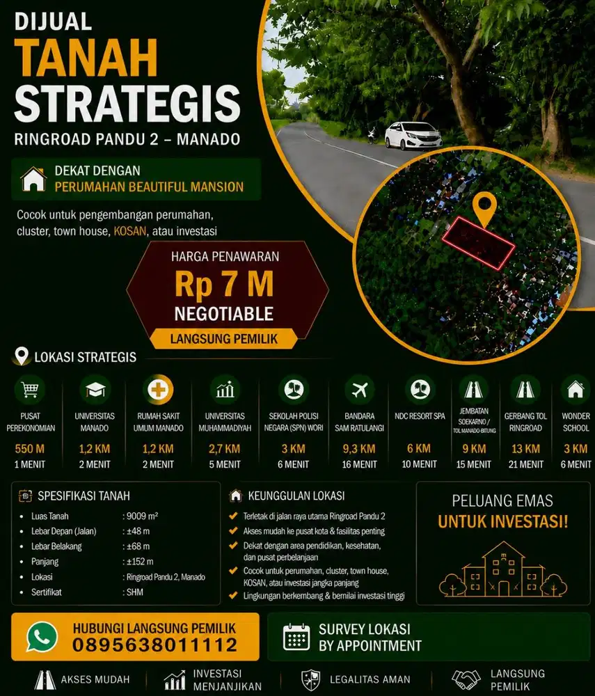 Tanah Premium 9.009 m² Ringroad Pandu 2 Manado, Lokasi Berkembang
