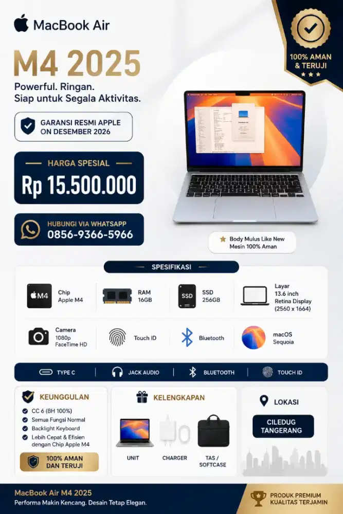 Macbook Air M4 2025
Garansi On Desember 2026.