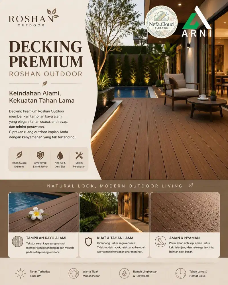 Lantai Decking WPC Premium Roshan 2,9m / Motif Kayu / Pinggir Kolam