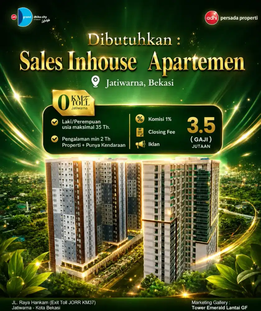 Dibutuhkan Sales Properti Apartemen Area Jatiwarna Bekasi