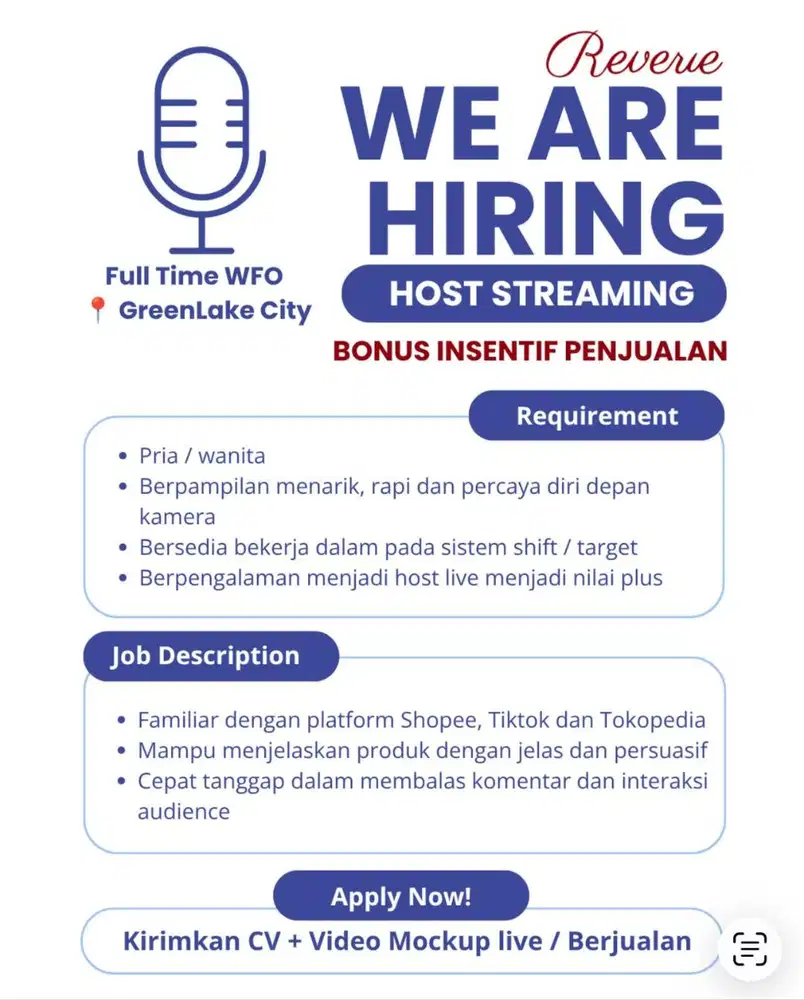 LOWONGAN HOST LIVE STREAMING BONUS INSENTIF PEKERJAAN TETAP