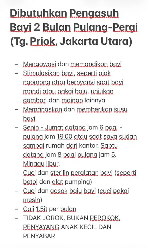 Dibutuhkan PENGASUH BAYI 2 BULAN (PP - Tg. Priok, Jakut)