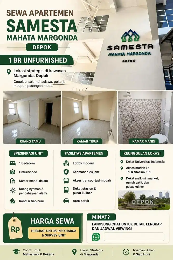 Sewa apartemen Mahata Margonda 1 BR (Unfurnished)