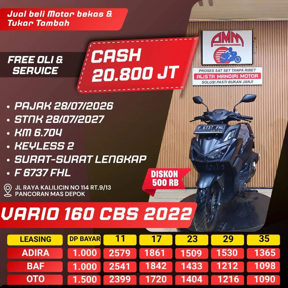 VARIO 160 CBS 2022 DP 1 JUTA PAJAK HIDUP KM LOW REMOT 2 CC 0% ALISTA