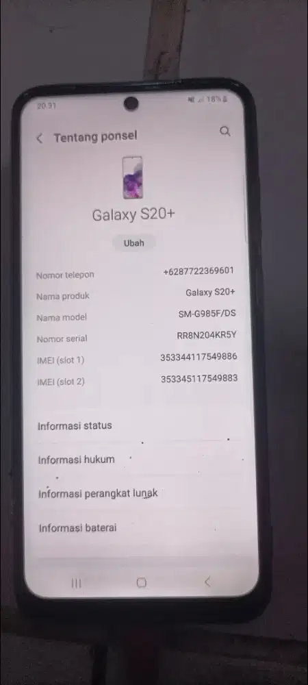 Dijual Samsung galaxy s20+