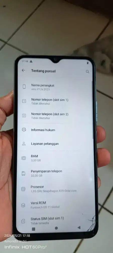 Vivo. Y12s. 2021.   3/32 mnus retak normal smua