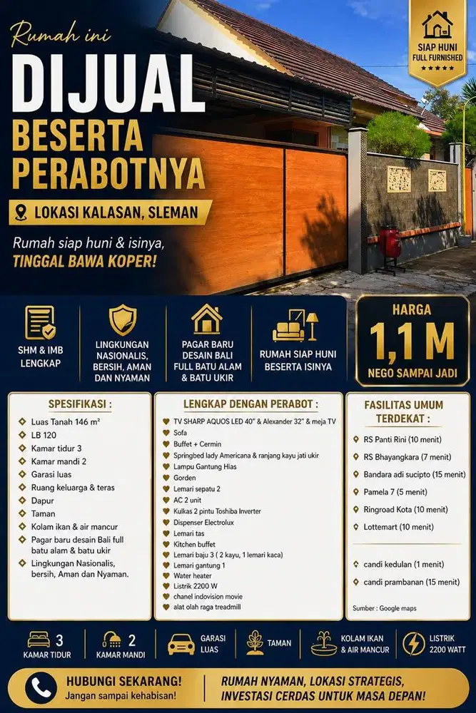 JARANG ADA! DIJUAL RUMAH SIAP HUNI FULL FURNISHED. ADA TAMAN + CARPORT
