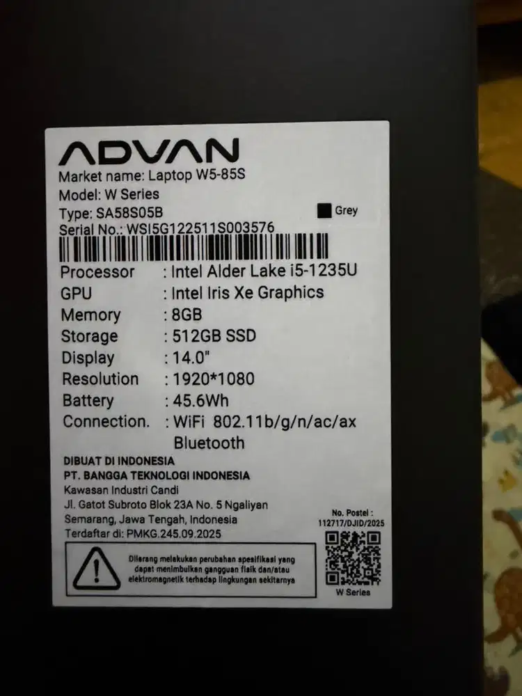 LAPTOP ADVAN LAPTOP S5-85S Intel Core i5-1235U 8GB 512SSD