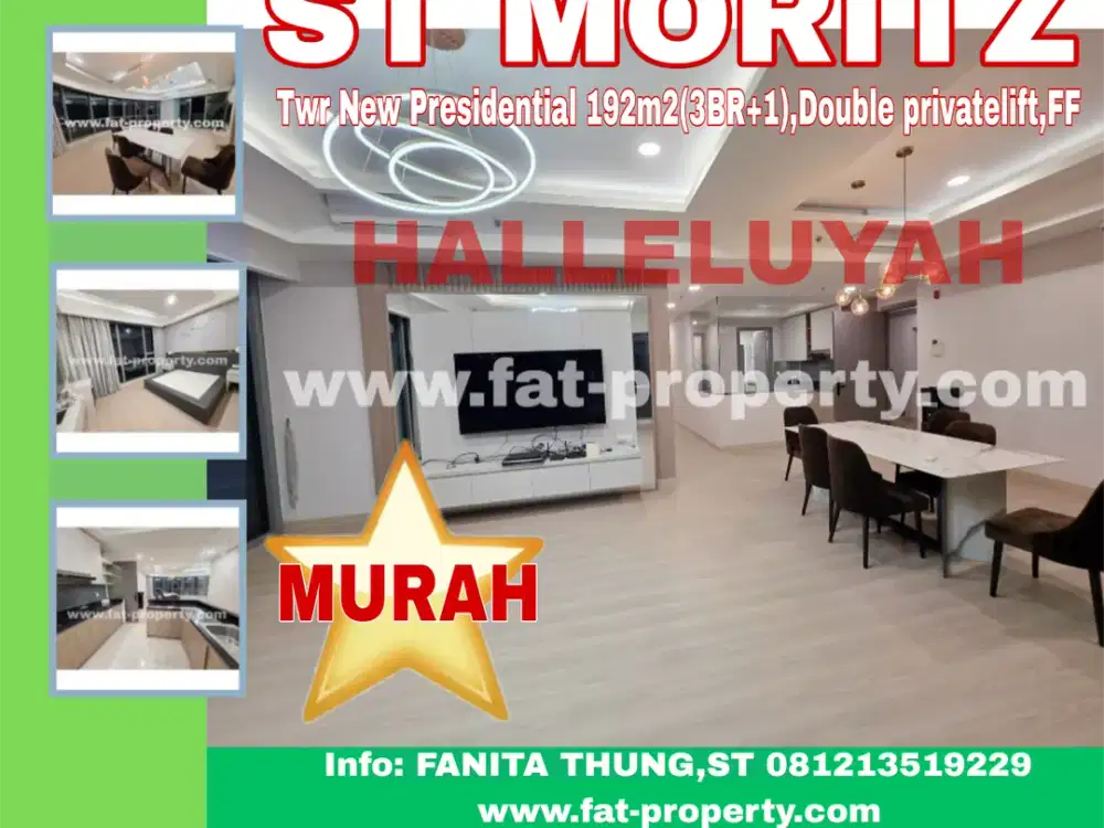 MURAH!Dijual Apt ST MORITZ Twr New Presidential 192m2(3BR+1),Double privatelift,Sltn&Tmr,furnished,lt30an