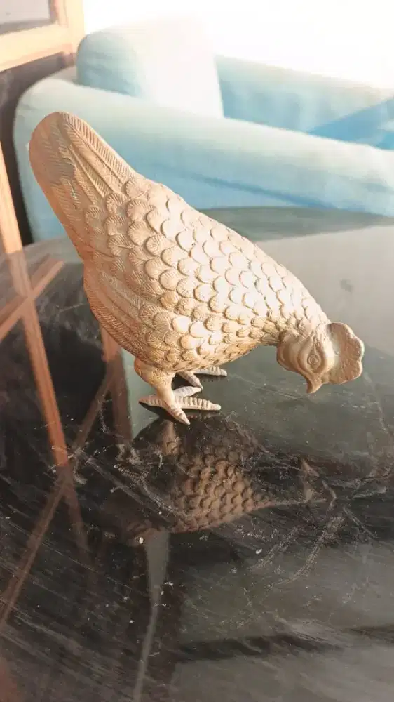 Patung Ayam Kuningan Padat Vintage Pajangan Meja Tinggi 16cm